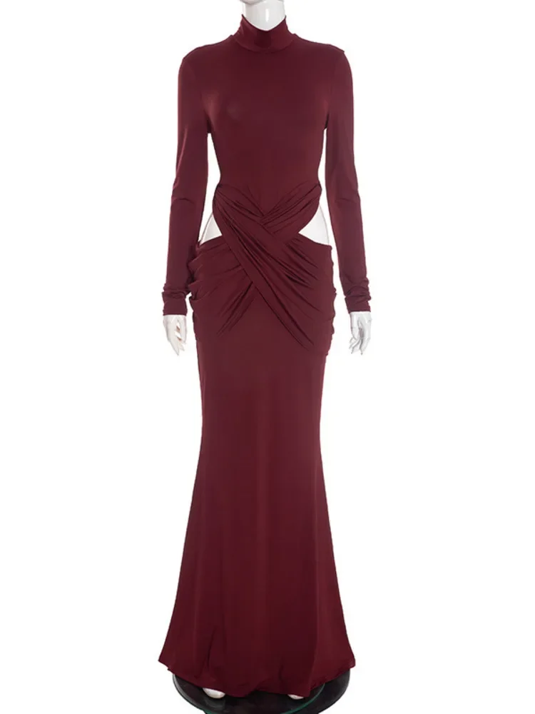 Chaxiaoa Turtleneck Long Sleeve Sexy Maxi Dress Women Gown Elegant Hollow Out High Waist Ruched Bodycon Club Party Long Dresses