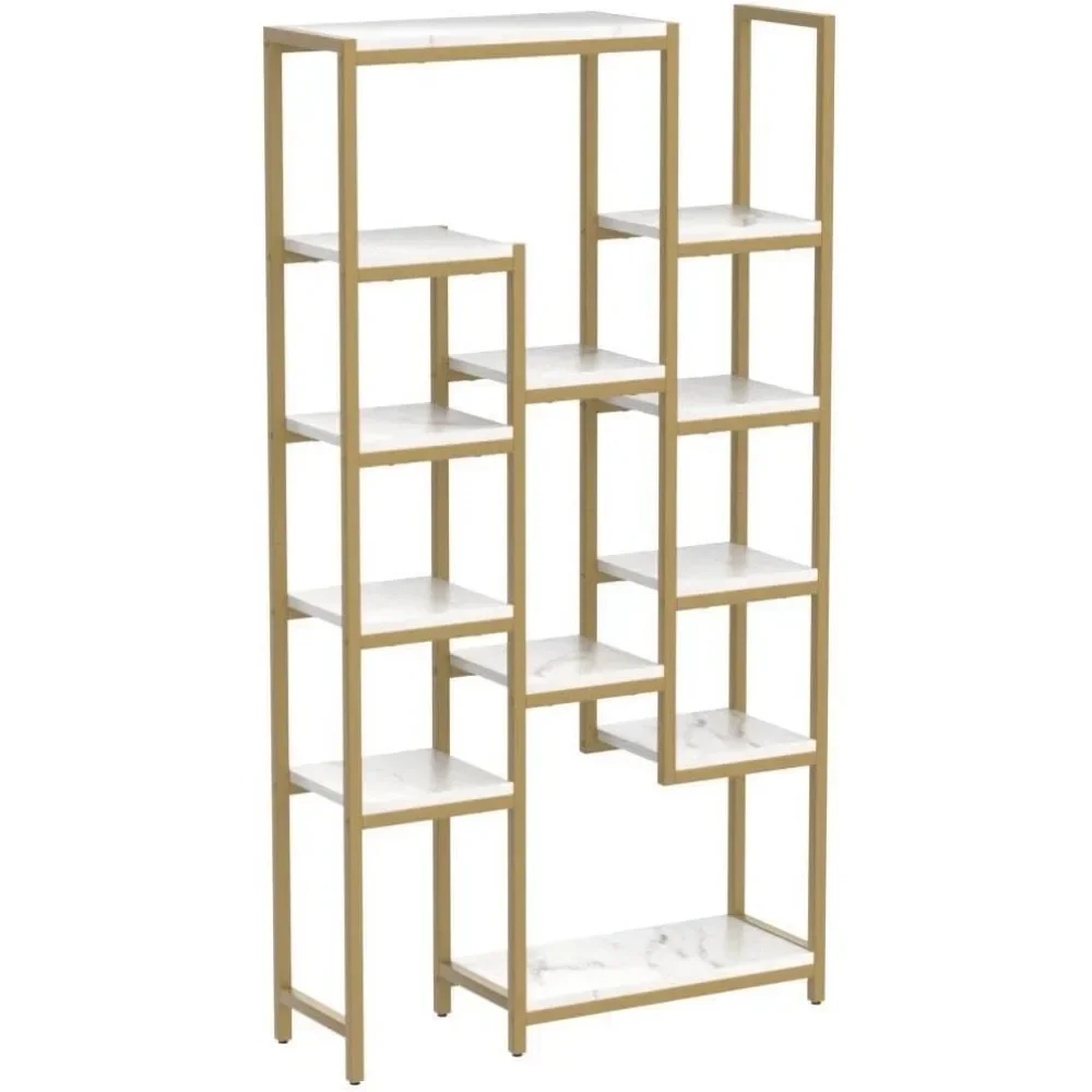 Large Wide Gold Bookshelf, Tall Modern Faux Marble Book Shelf and Bookcase, Open Display Shelves Storage Rack Gold & Marble