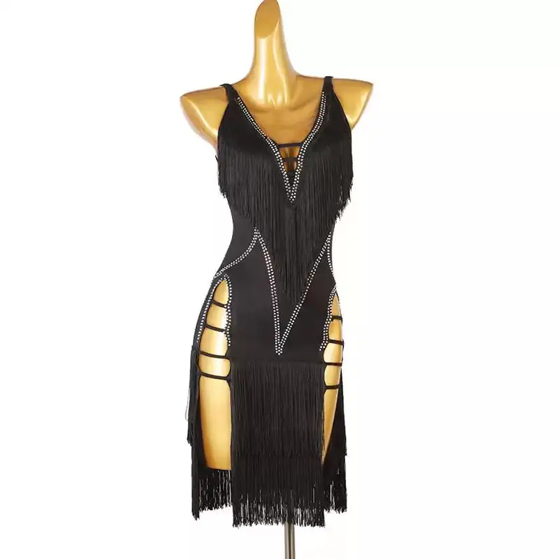 

Black Women Latin Dance Competition Tassel Dress Sexy Ball Show Clothes Ladies Evening Costume Wear Bodycon Skirt Customized
