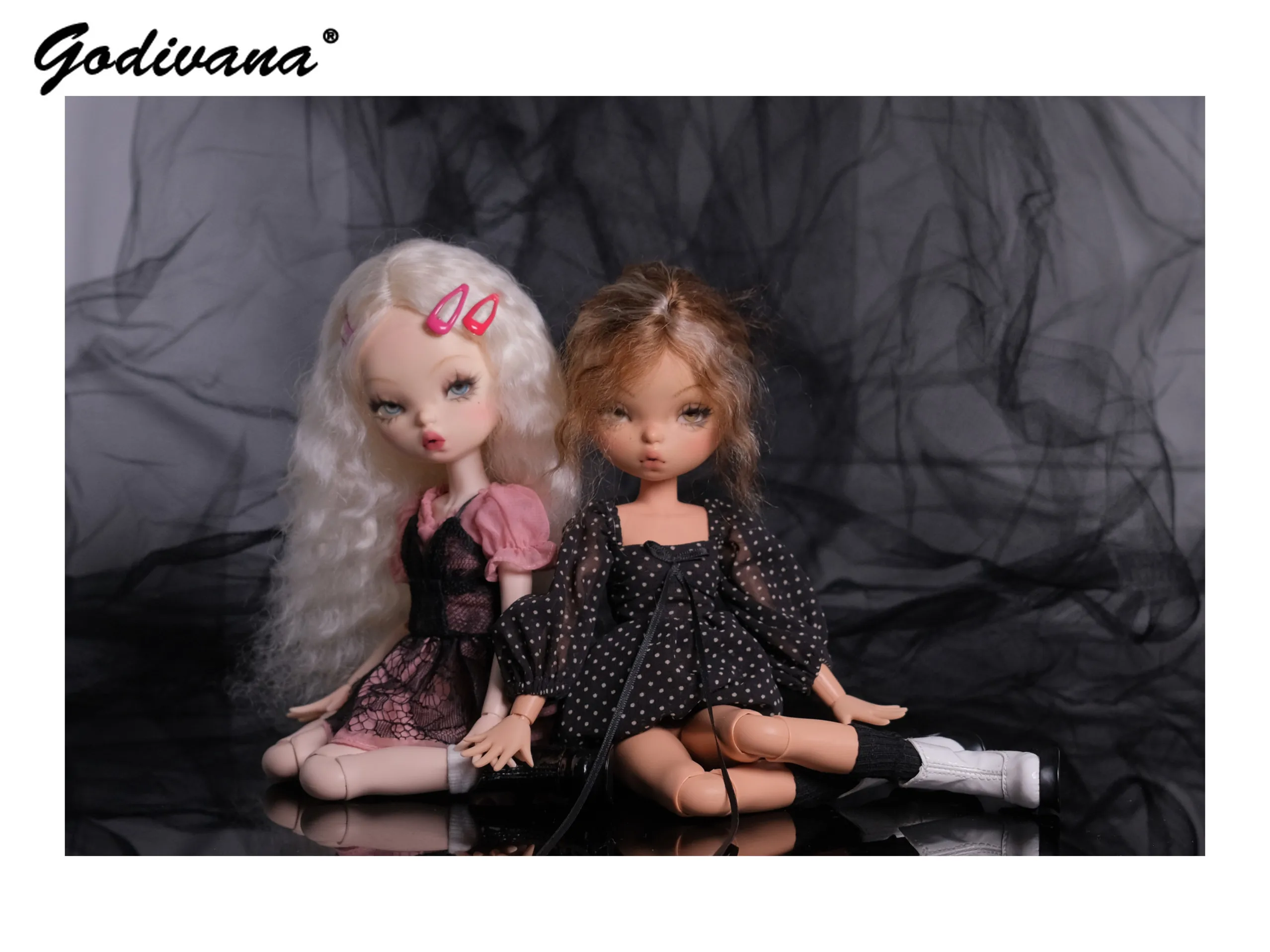 Ob24 BJD Doll Sweet Gothic Dress Puff Short‑sleeve Black Pink Lace Overlay Mini Fake Two-piece Dress Y2K Cute Doll Outfit