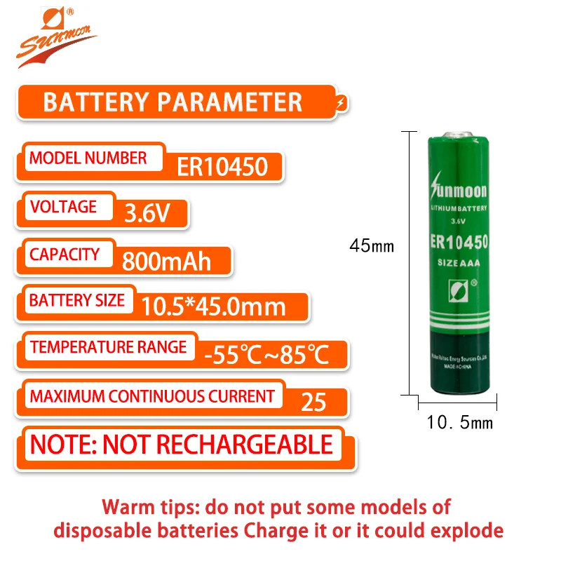 Sunmoon ER10450 3.6V Temperature Controller Smoke Sensor Air Conditioning Refrigeration PLC 7 AAA Lithium Battery with Plug Alar