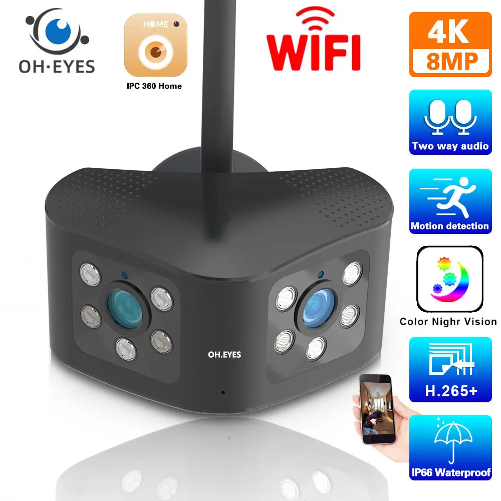 

4K Dual Lens CCTV Wifi Surveillance IP Camera Outdoor 8MP 180°Ultra Wide Angle Panoramic Human Detection Video Security Camera