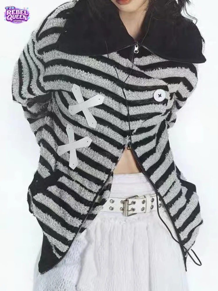 

Японская субкультурная уличная куртка Y2K для женщин, оверсайз, в полоску, вязаный свитшот, весенняя мода, повседневный городской трендовый образ