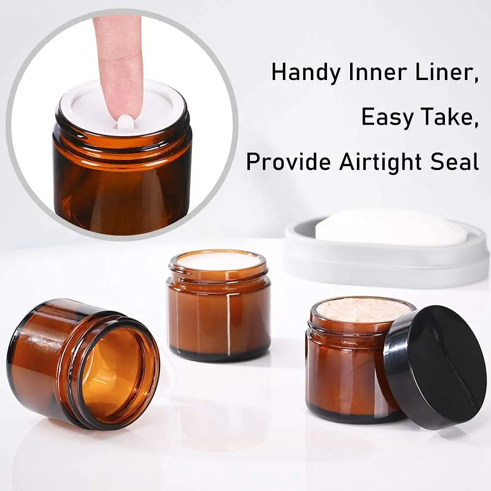 4pcs 20g/50g/100g Amber Glass Jar Straight Sided Cream Jars Plastic Lid Cap Inner Liner for Salve Homemade lotion cosmetics