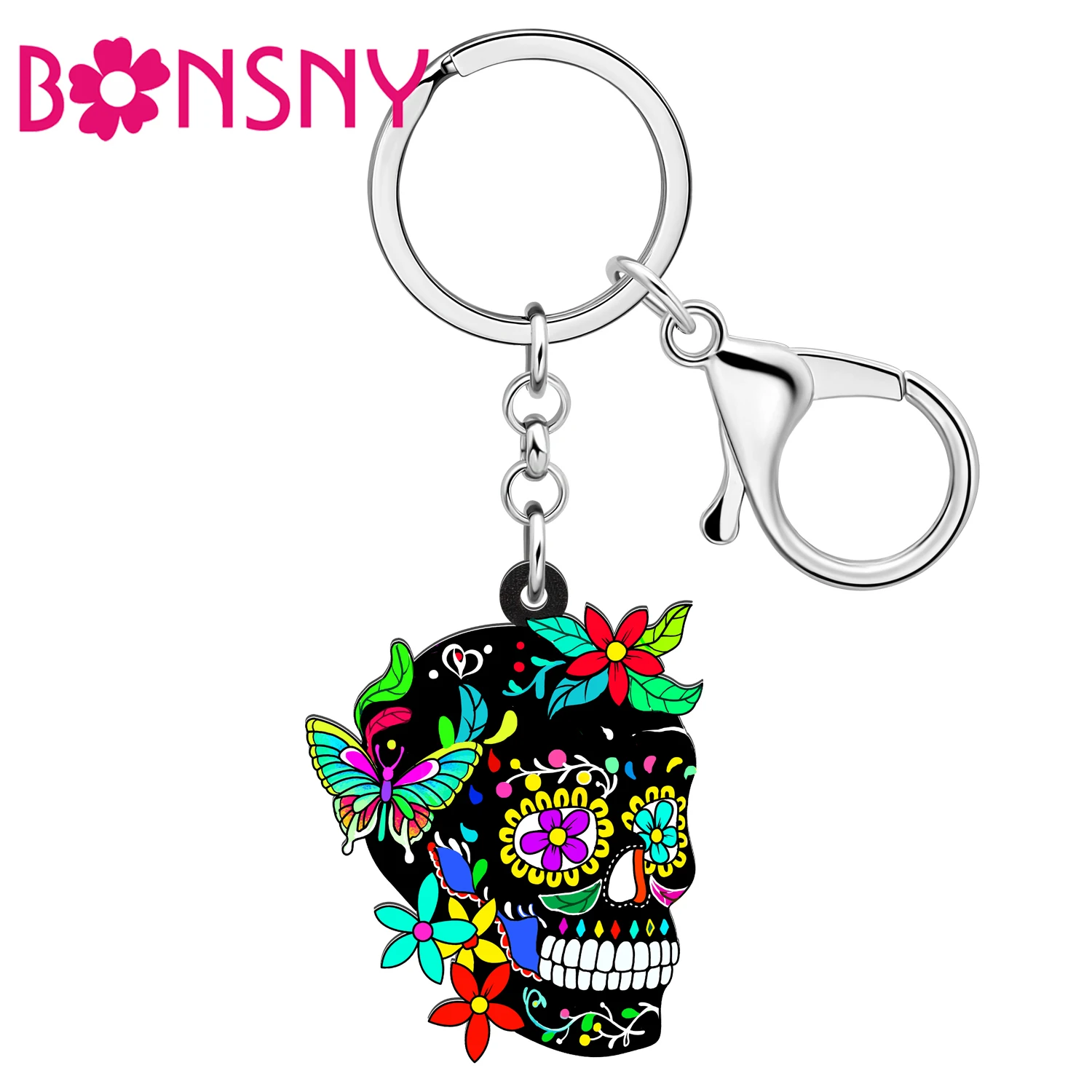 Bonsny Acrylic Halloween Flowers Butterfly Black Skull Key Chains Rings Keychains Spring For Women Teen Gift Backpack Car Charms