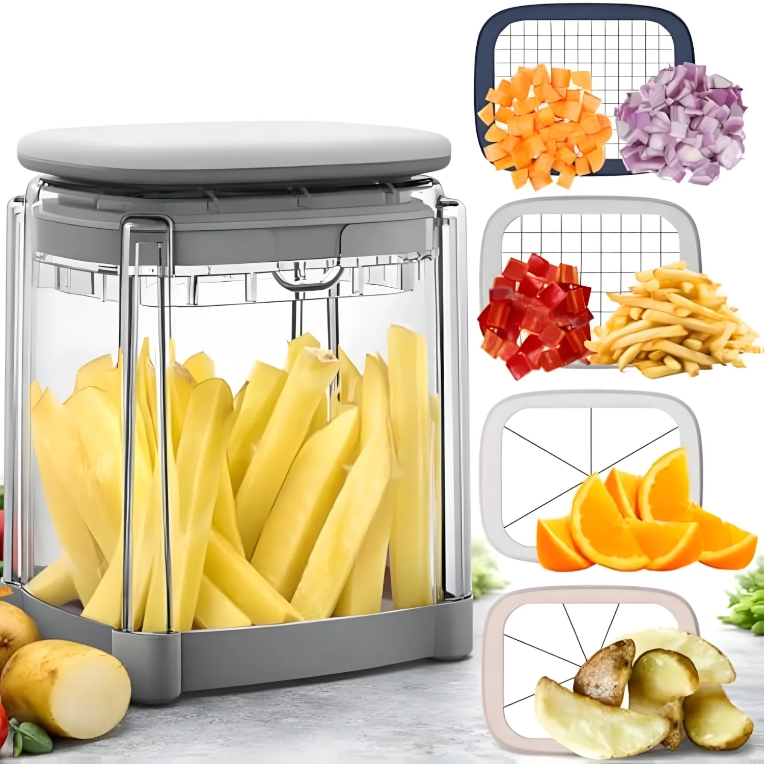 Vegetable Chopper,Manual Push-Down Food Dicer & Chop Box, 4 Blades,French Fry Cutter,Potato Wedge & Veggie Cutter,No Electricity