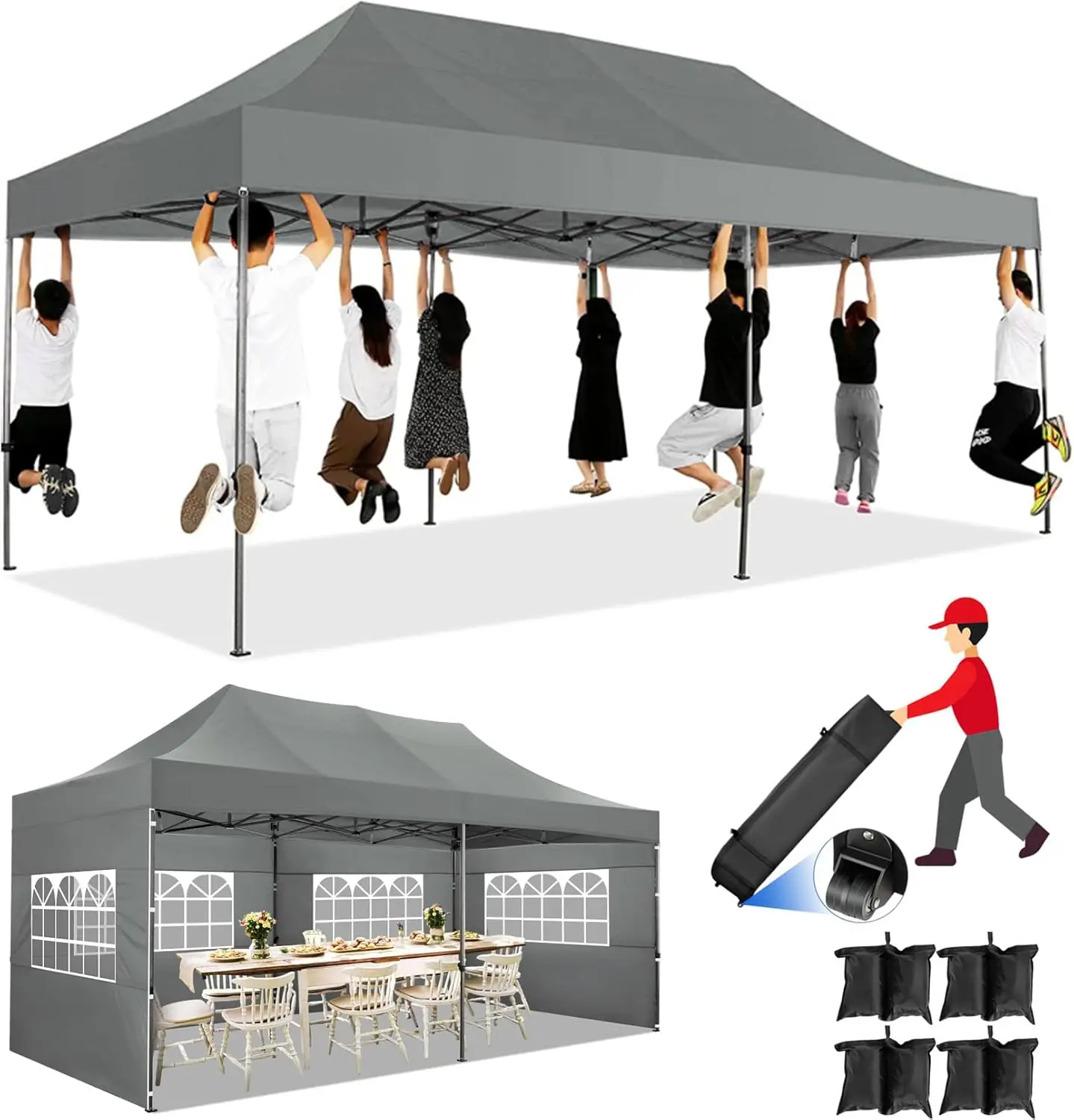 10x20-Pop up Heavy Duty Canopy Tent with 6 sidewalls Commercial Heavy Duty Tent UPF 50+ All Weather Waterproof Outdoor Grey