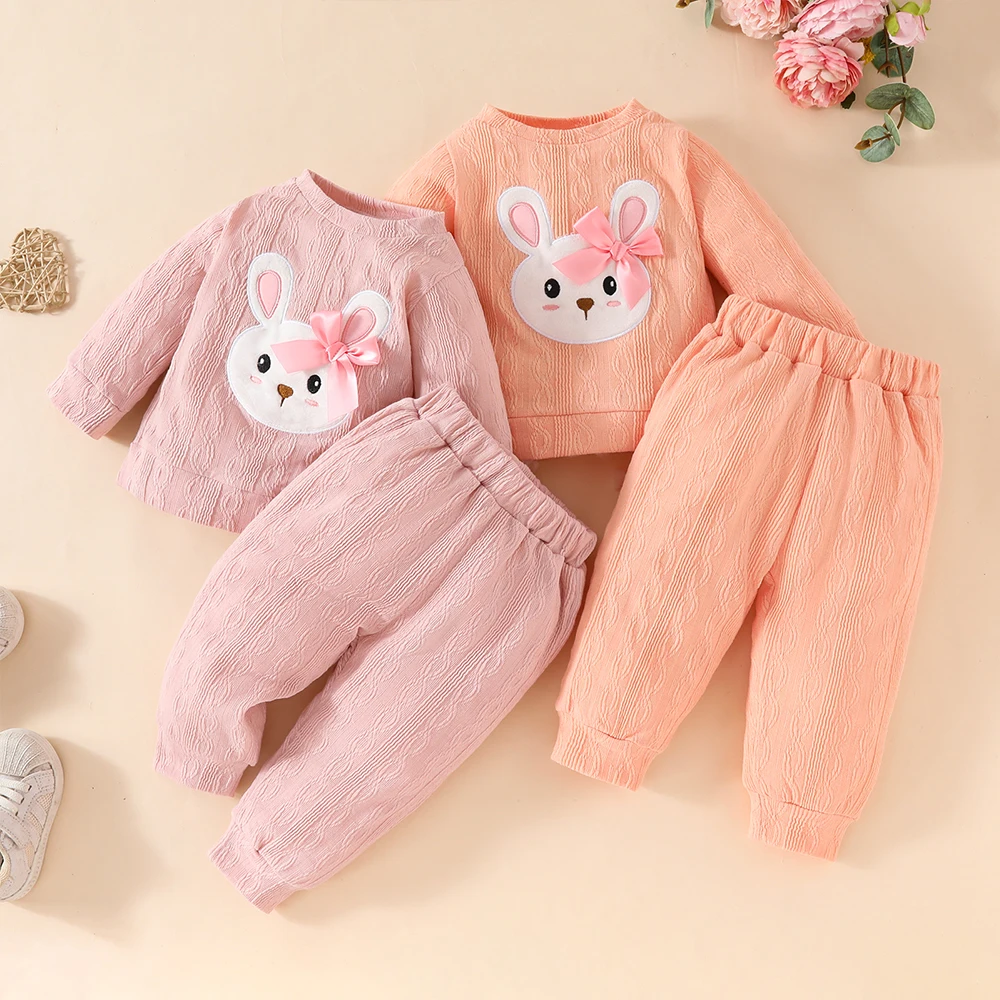 2-Piece Baby Girls 3-24M Autumn Outfits Cute Rabbit Embroidery Long Sleeve Tops T-Shirt+Pants Toddler Kids Sweatshirt Pantsuit