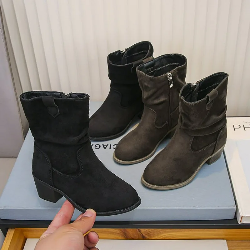 Teenage Kids Leather Boots Elegant Side Zipper Girls Fashion ankle Boots Brown Pleated Chic Children Low Heels Mid-calf Boots