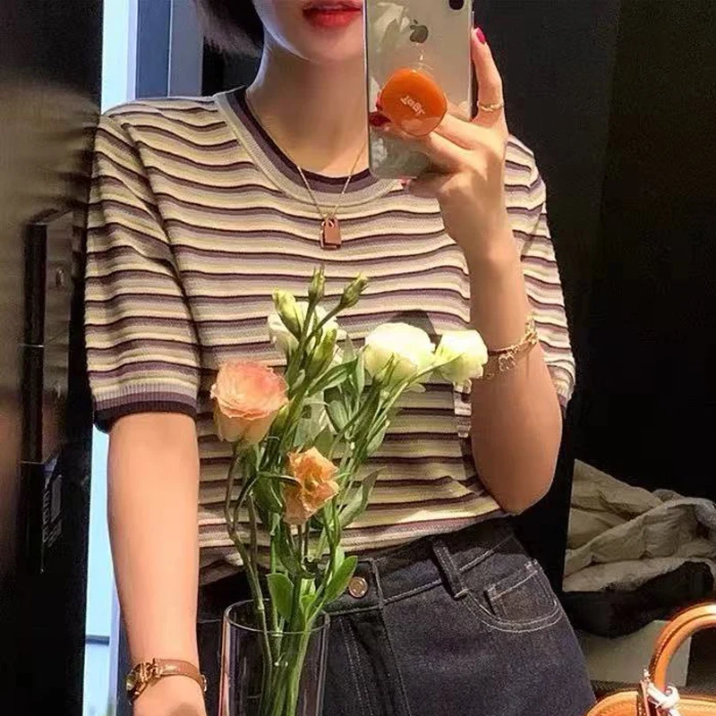 

Summer striped 100% pure cotton short sleeved women's knitted pullover short sleeved thin cut color blocked half sleeved top