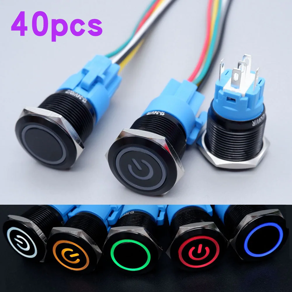 

40PCS Black Push Button Switch Led Light 16mm 19mm Illuminated Metal Momentary Latching Power Mark Waterproof 5V 12V Red Blue