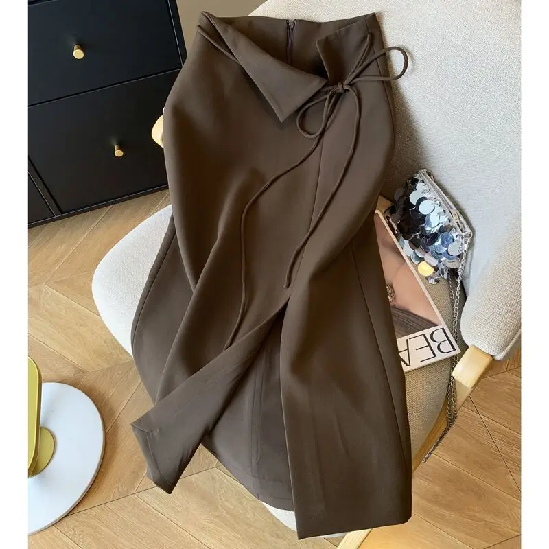 

New Elegant Lace-up Skirt Women Slim Office Lady High Waist Fashion Split Wrapped Hip Midi Skirts Solid Color Jupe Clothing