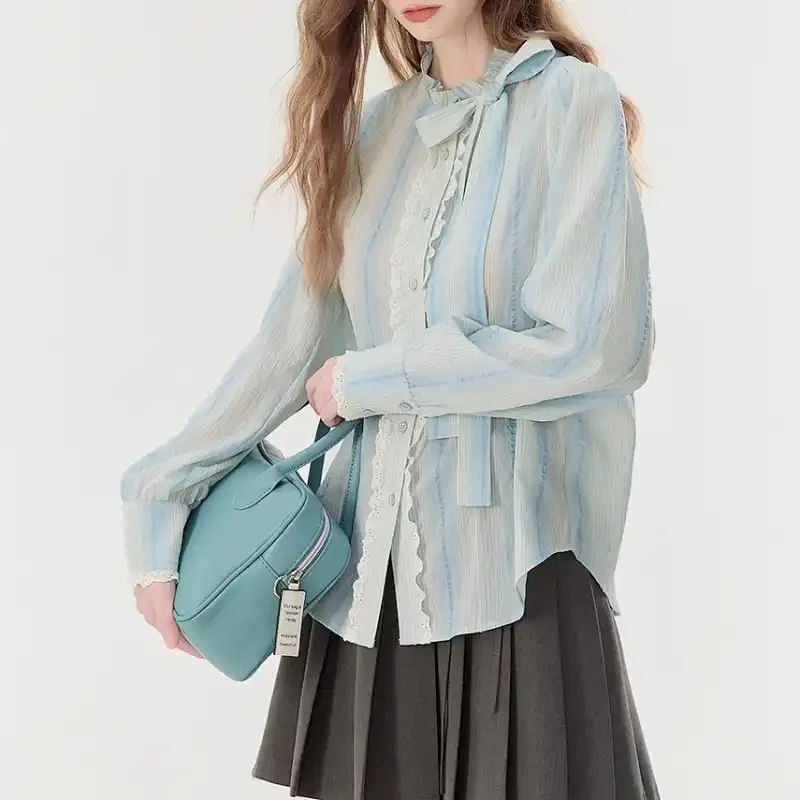 Elegant Women Autumn Gradient Stripe Texture Long Sleeve Blouse Tie Neck Thin Tencel Chiffon Shirt