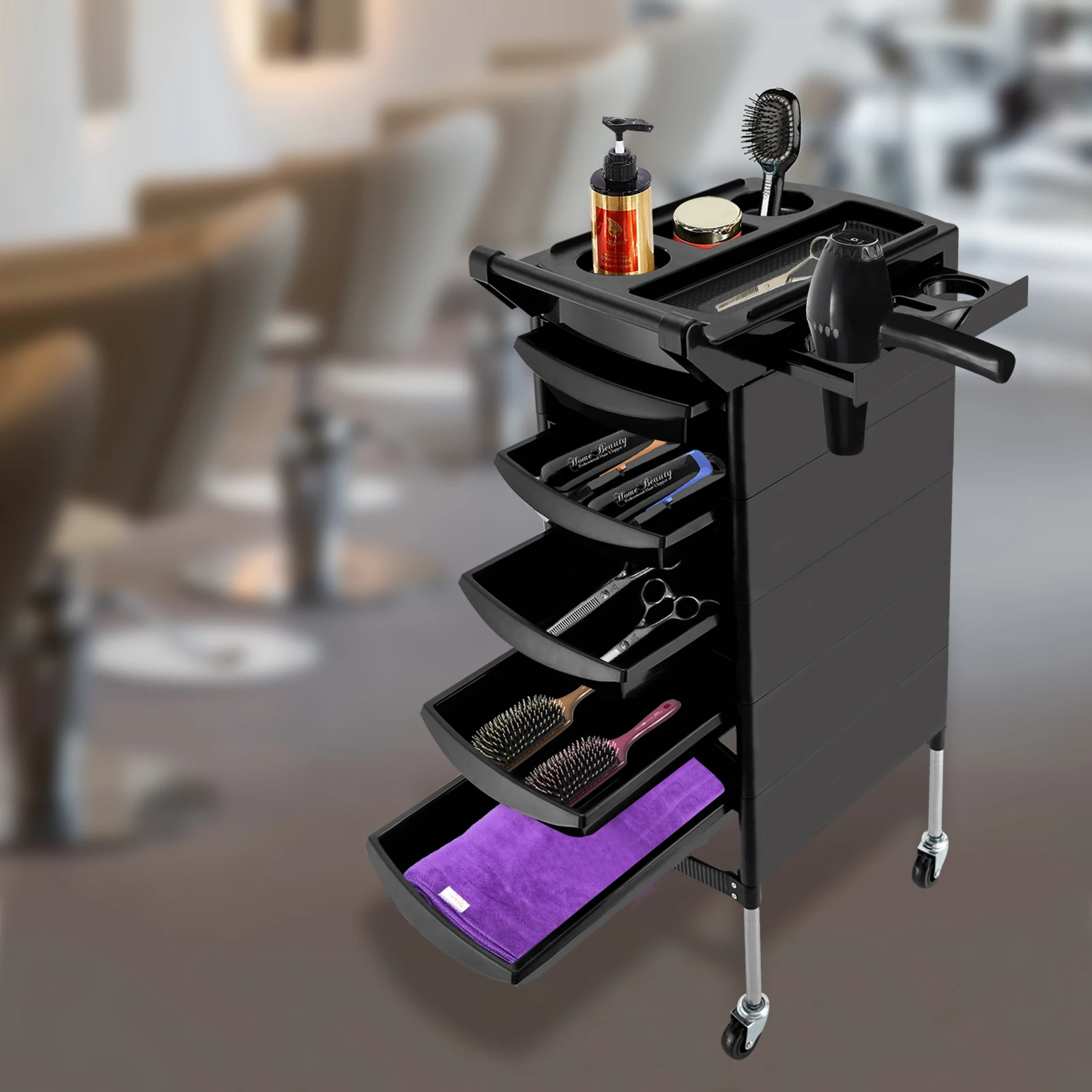 

Salon Trolley, with Handle and Rolling Wheels, 5 Drawers and 2 Hair Dryer Holder Side Tray, Black