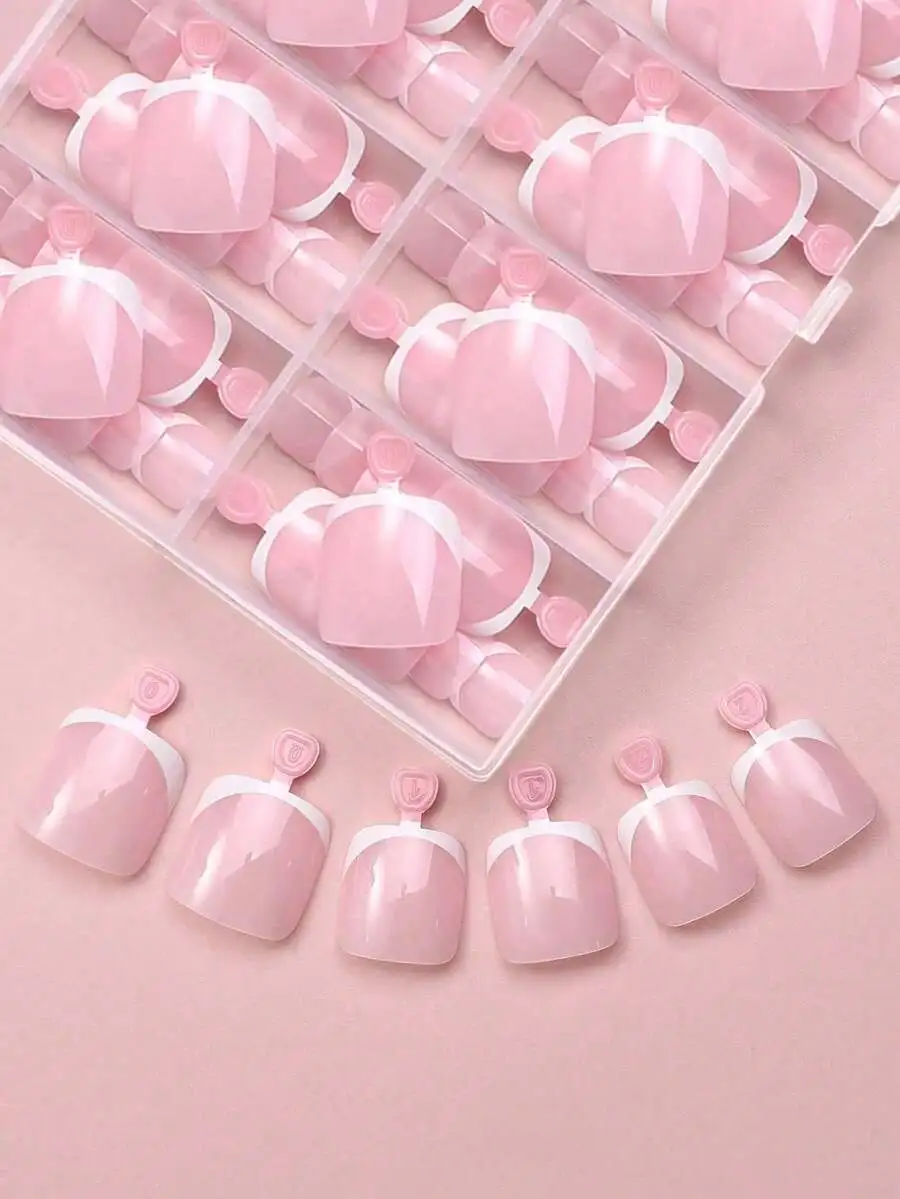 144pcs/Box Pink Toe Nail Press Ons Square French Tips Toe Press On Nails Pre-Designed Soft Gel Thick False Toenail Extension Acr view 5