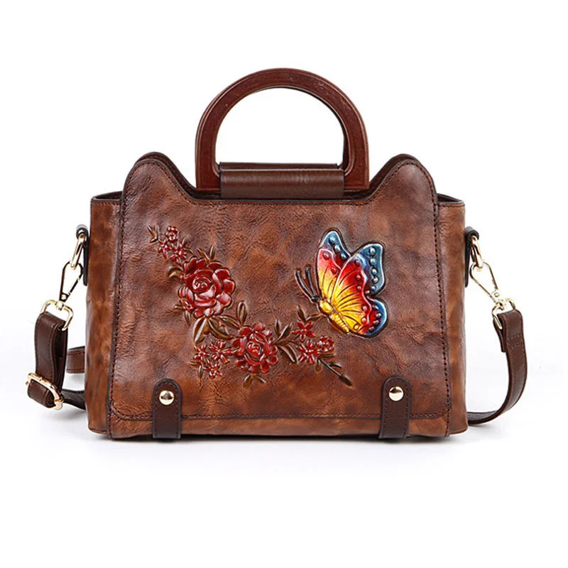 

Vintage Women Genuine Leather Tote Bag Anti-theft Ladies Cow Leather Handbag Floral Female Cowhide Shoulder or Crossbody Bags