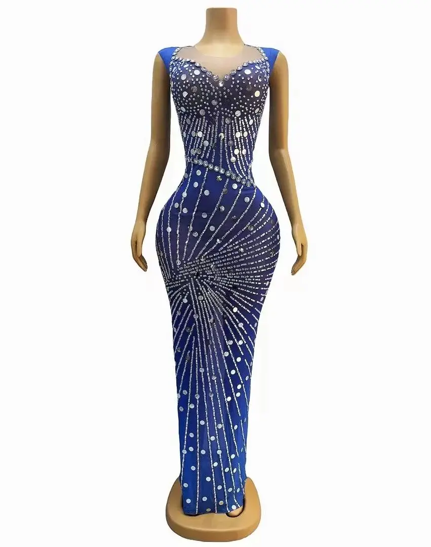 

Sexy Silver Sequins Rhinestones Blue Dress Outfit Photo Shoot Dance Nightclub Costume Female Singer Dance Wear lanwen 1 sold