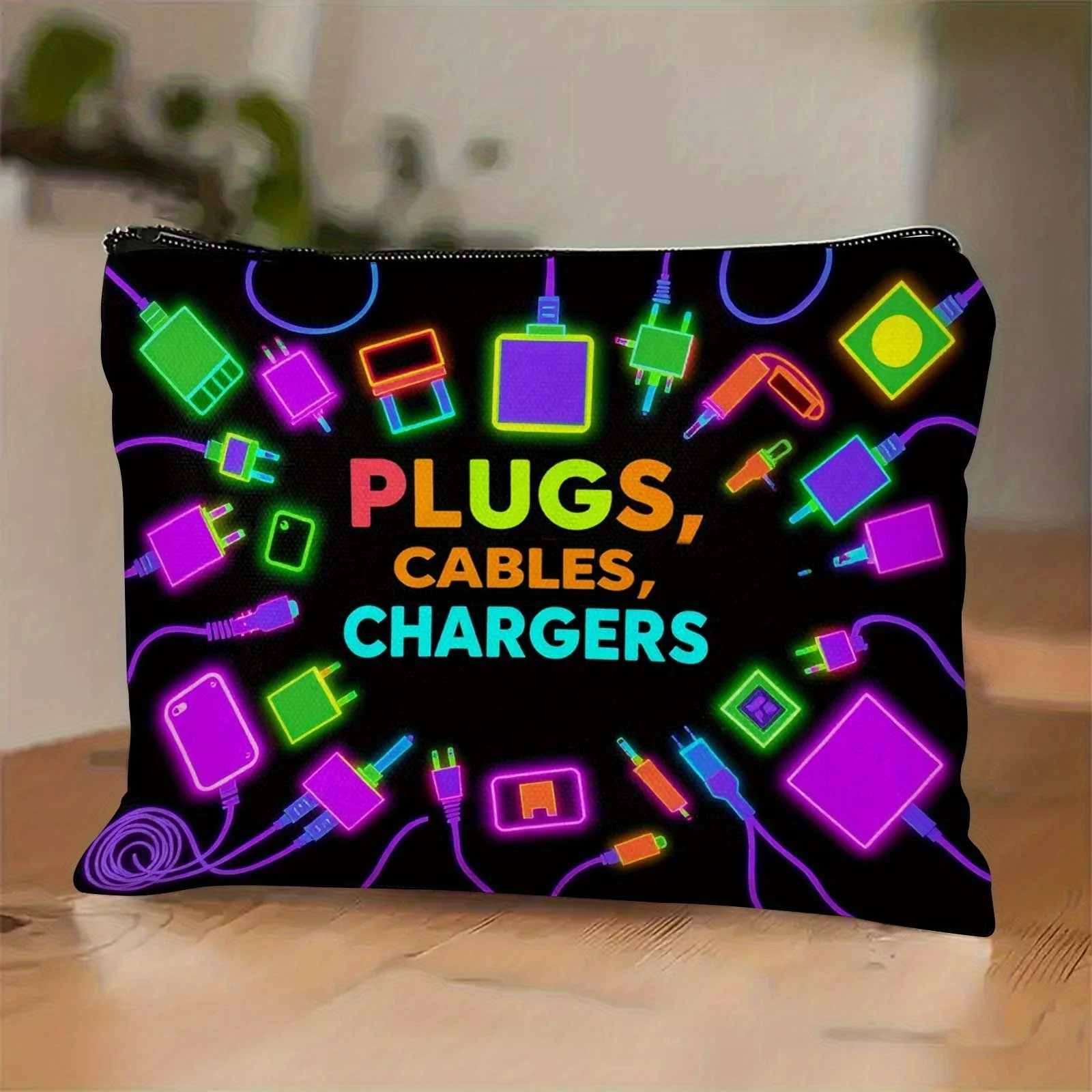 Elegante bolsa organizadora Neon Tech Design para enchufes, cables y cargadores: tela hipoalergénica duradera