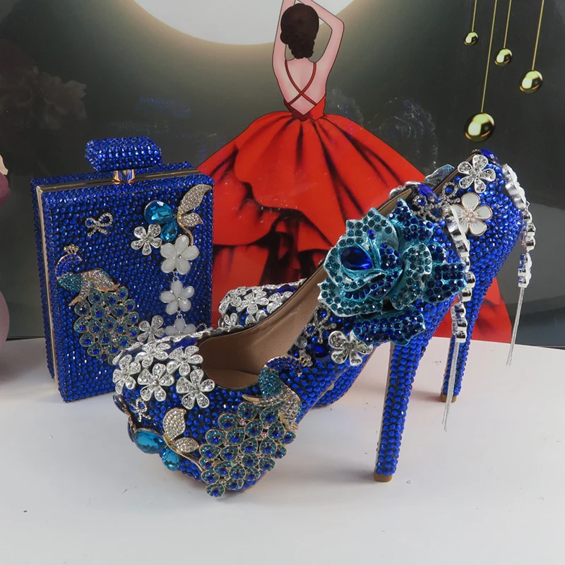 

BaoYa Fang Blue Flower crystal Bridal Wedding shoes and purse Women Peacock Fashion High Pumps Evening Party Shoe and bag Female