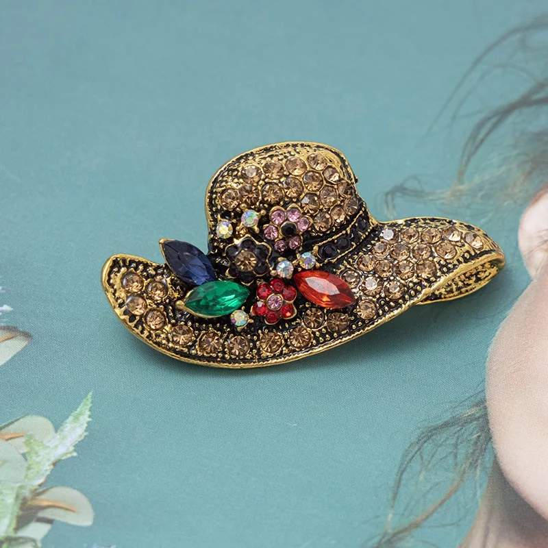 Vintage Rhinestone Hat Luxury Brooches for Women Classic Straw Cap Drop Oil Brooch Pin Clothing Suit Accessories Corsage