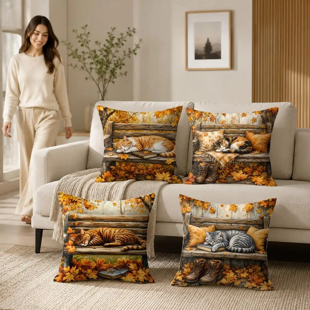 Cat Maple Leaf Pattern Cushion Cover Soft Short Plush Pillow Case Double Sided Print Washable Sofa Home Decor Gift