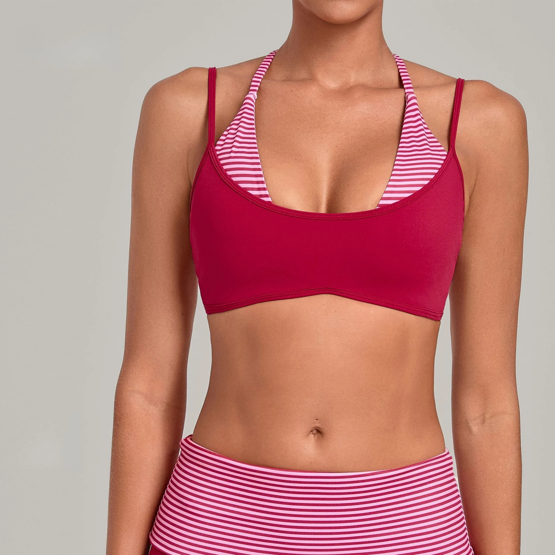 Fake Two-piece Retroprinting Yoga Bras Contrast Color Halter Adjustable Shoulder Strap Sports Bra Built-in Detachable Chest Pad