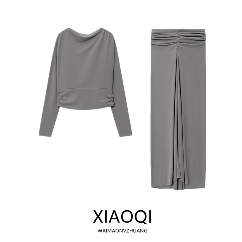 Nuevo Conjunto de Moda Otoño 2025 para Mujer con Top con Pliegues en la Espalda y falda de Cintura Media, Estilo Europeo ...