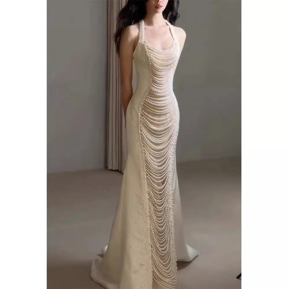 Newest Women Summer Style Prom Dress Halter Sleeveless Handmade Pearl Mermaid Dress 2024 Elegant Evening Dress Robes De Soirée