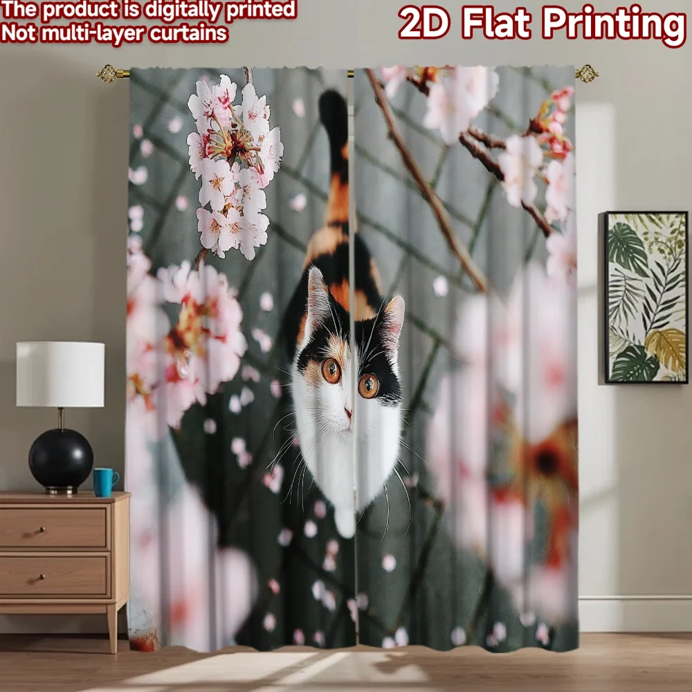 

2D flat printing 2pcs Party Window Curtains Cute Cat Cherry Blossom Petals Digital Printed Polyester Drapes Family Party