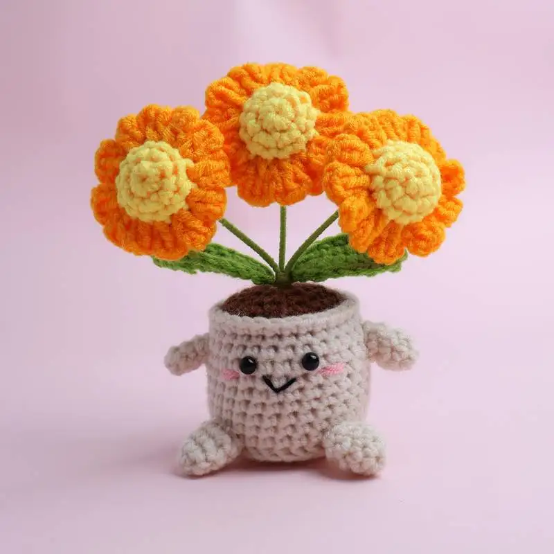 Niedliche Gehäkelte Gänseblümchen-Topfpflanze Handgefertigte Gewebte Blätter Kreative Kunstpflanzen Desktop-Bücherregal-Deko Geschenk – Detail 2