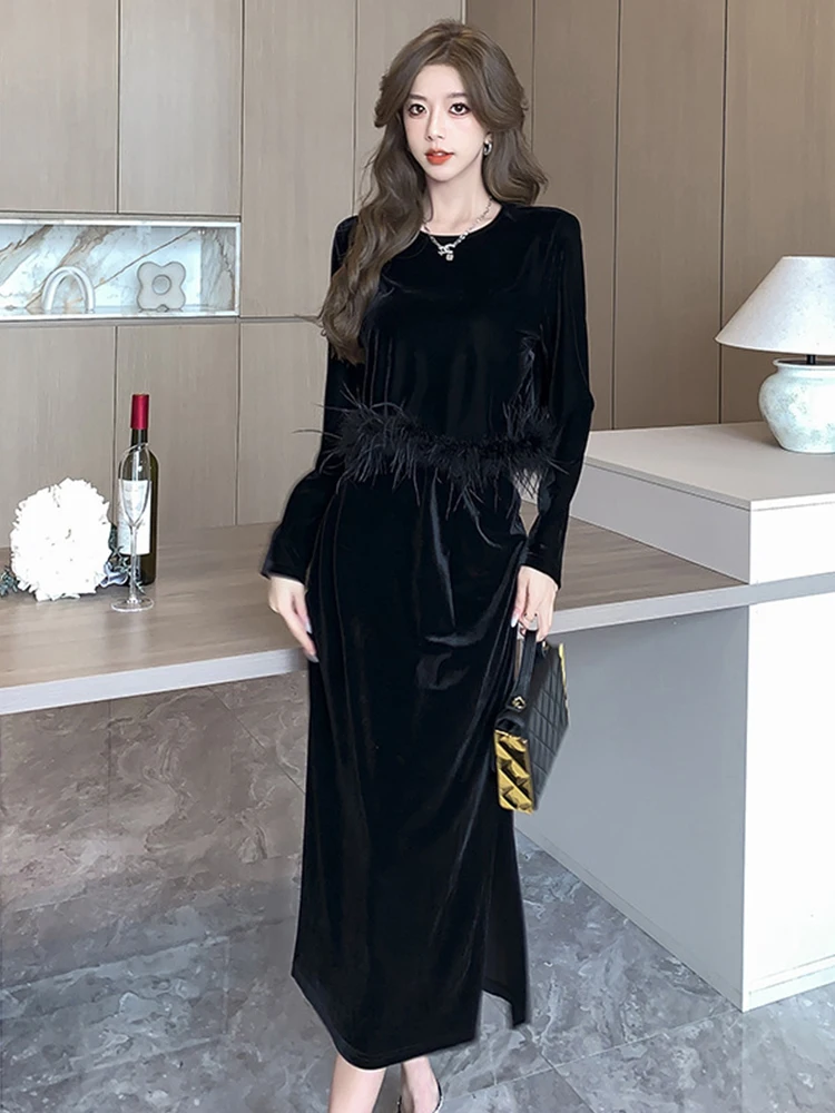 Vintage Black Velvet 2 Pieces Outfit Ladies Women Elegant Simple Short Tops Shirt Blouse And Midi Skirt Mujer Set Street Clothes