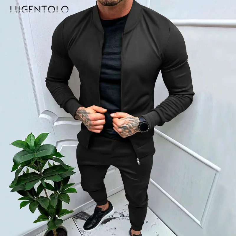 Men Fashion 2 Piece Set Vintage Stand Up Collar Long Sleeve Top Elastic Waist Jogging Bottoms Sports Holiday Casual Wear