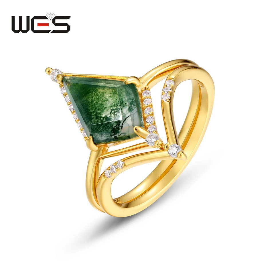 WES 925 Sterling Silver Natural 8*12mm Moss Agate Ring Set for Woman Wedding Romance Certified Jewelry Wholesale Gold Plated