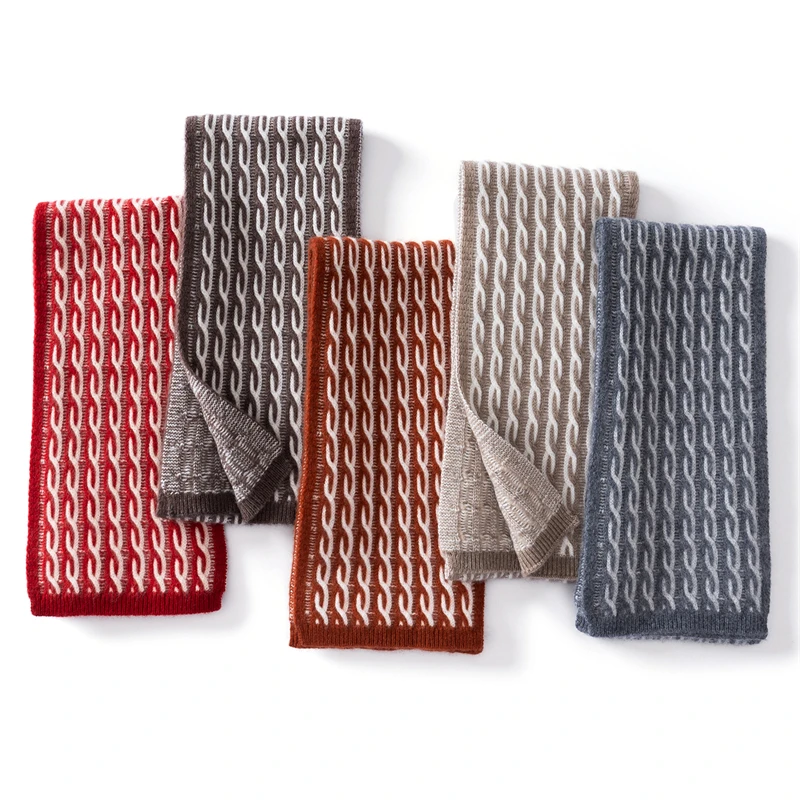 Autumn Winter High-End 100% Pure Cashmere Knitted Scarf Versatile Two-Tone Cable Design Warm Neck Warmer Shawl