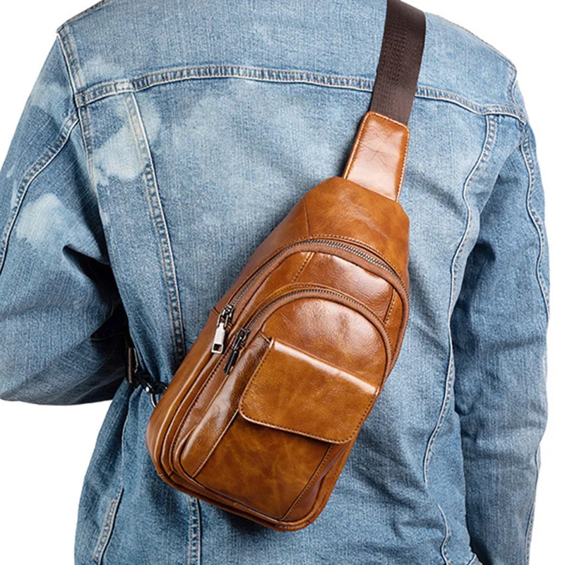 Genuine Leather Men Sling Backpack Cross Body Shoulder Chest Bag Retro Casual Real Cowhide Male Messenger Crossbody s