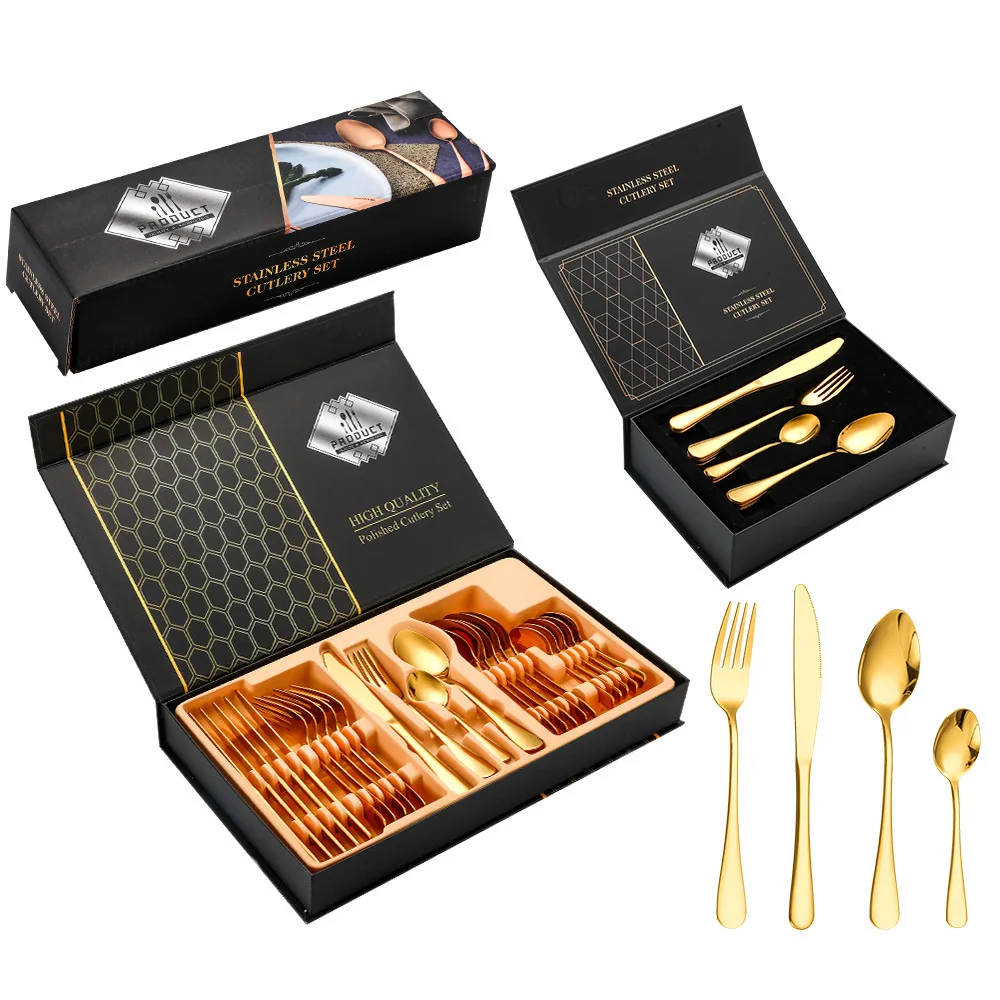 

Stainless Steel Cutlery 24 Sets Knife Fork and Spoon Western Steak Knife and Fork Gift Box Tableware Set Luxury Tableware Set