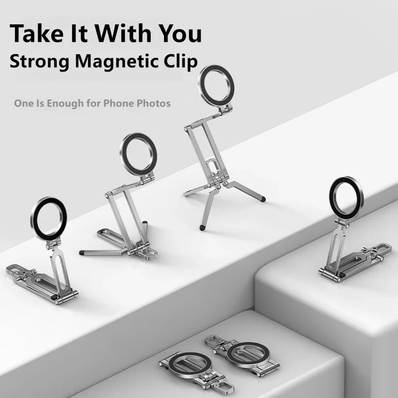 Aluminum Alloy Phone Stand Magnetic Desktop Holder Dual Folding Tripod Mount with Carabiner Clip for Outdoor Hiking Vlog Live