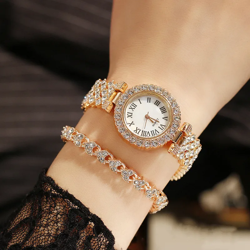 2PCS Luxury Diamonds Watch Bracelet Set Women Quartz Watches Ladies Brand Crystal Dress Pink Wrist Watch Clock Relogio Feminino