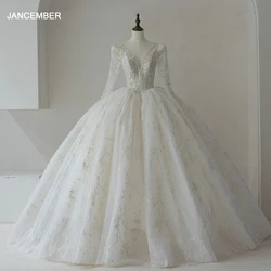 Jancember Vintage Satin Wedding Dresses Graceful Long Sleeves Bridal Gowns 2024 Elegant Flower Ball Gown vestidos novias boda