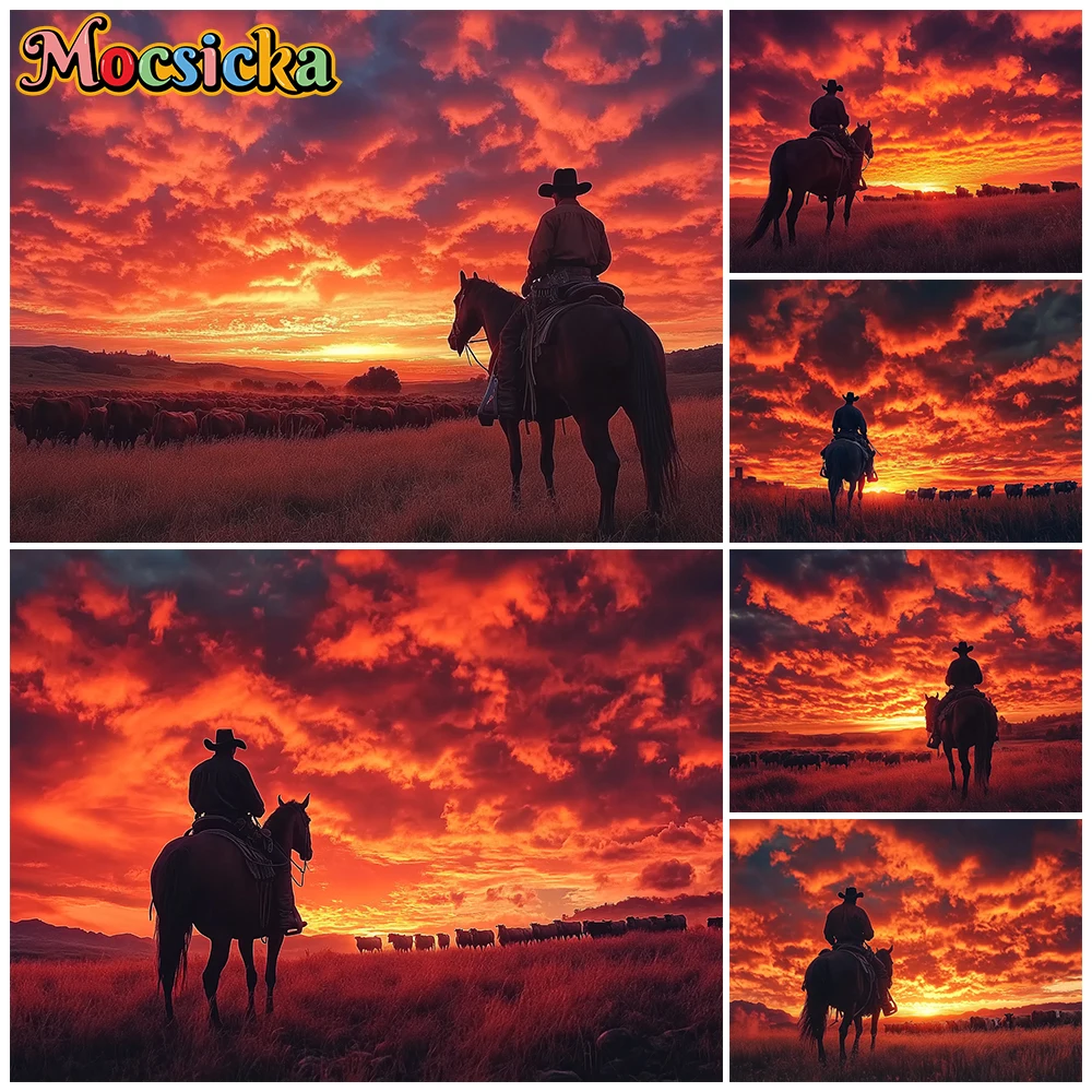 Mocsicka Western Cowboy Sunset Photography Backdrop Tapestry Wild West Prairie Horse Rider Background Party Home Wall Decoration