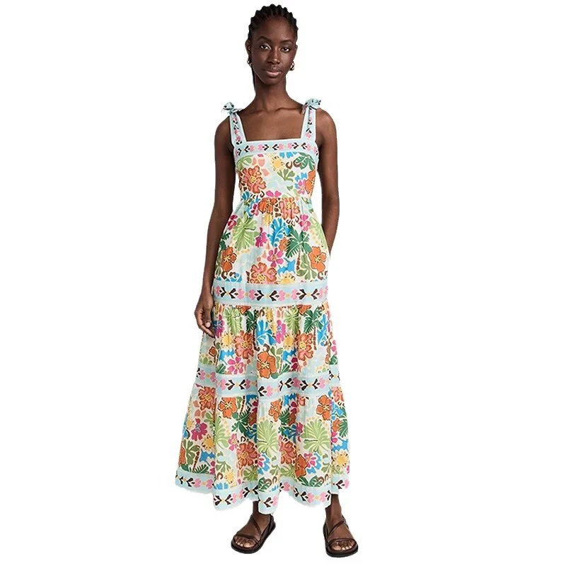 Verão 2025 cintura alta floral impressão feminina dr svel nel vestido de saia completa commute sle nuvem vermelha material de seda