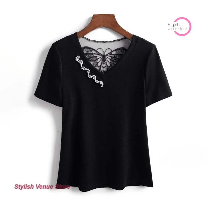 

French temperament rivet slim short-sleeved female summer new beauty back butterfly age-reducing fashion Joker casual blouse.