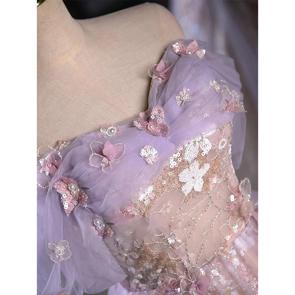 Light Luxury Pink Purple Evening Dress Women Sweet Pleated Off The Shoulder Flower Applique Prom Gown Sequins A-Line Vestido