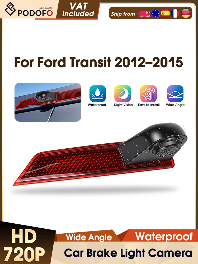 Kamera cofania Podofo z funkcją światła stop, noktowizją i wodoodpornością IP67 do Forda Transit Custom 2012–2015 — 2