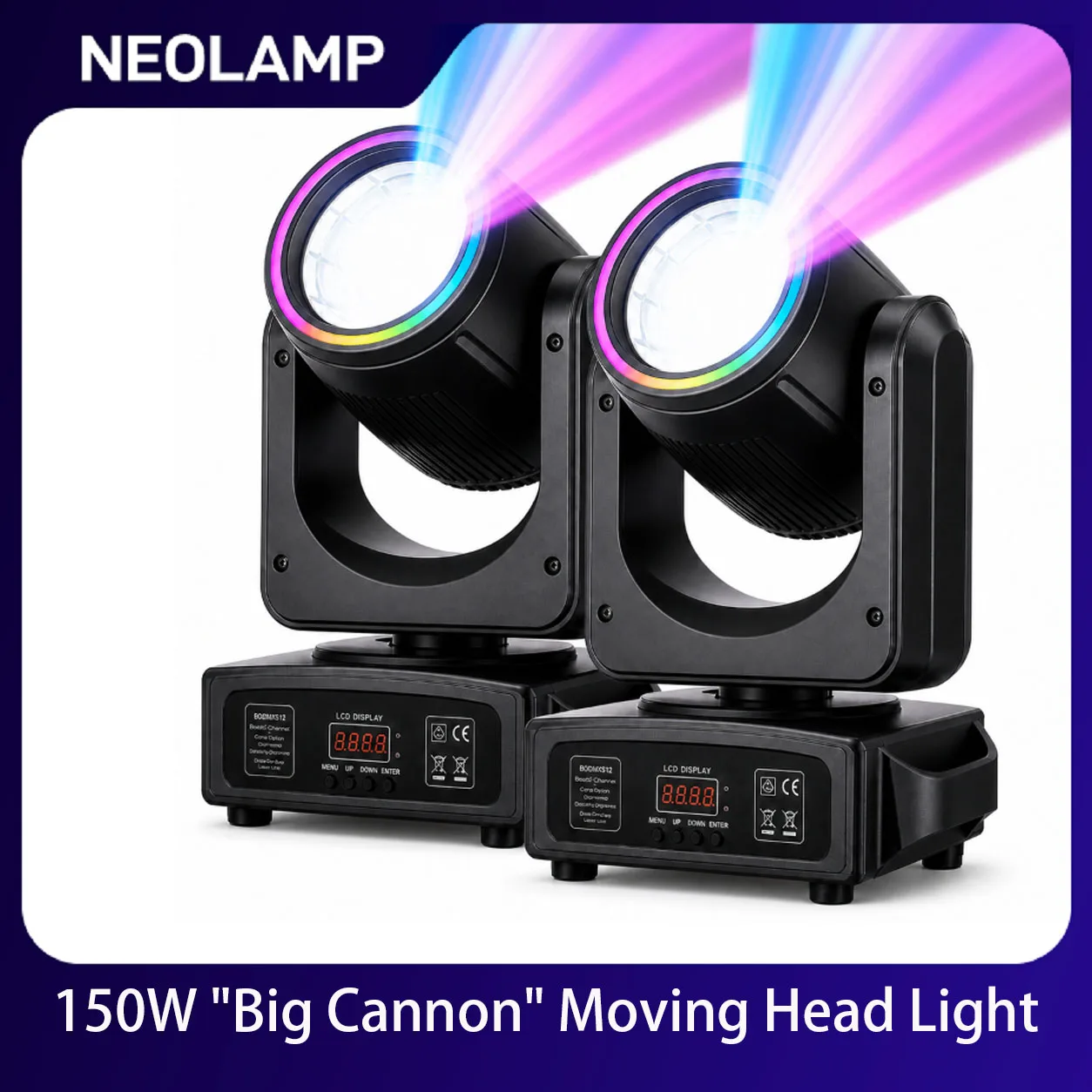2 lampes à tête mobile LED blanches de 150 W avec anneau halo RGB, prisme à 18 facettes, DMX512 14CH, activation sonore pour DJ, mariage, fête