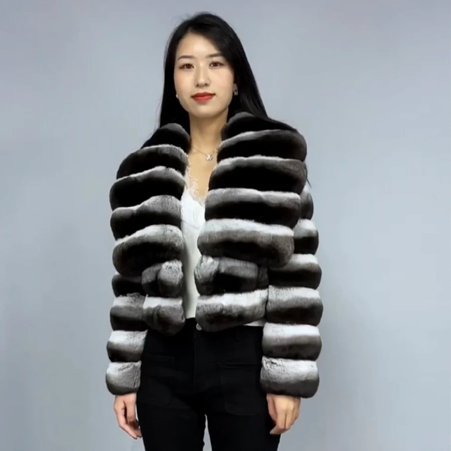 

Women's Jacket Chinchilla Fur Real Rex Rabbit Fur Coat Genuine Fur Luxury Brands Short Rabbit Fur Coat Women