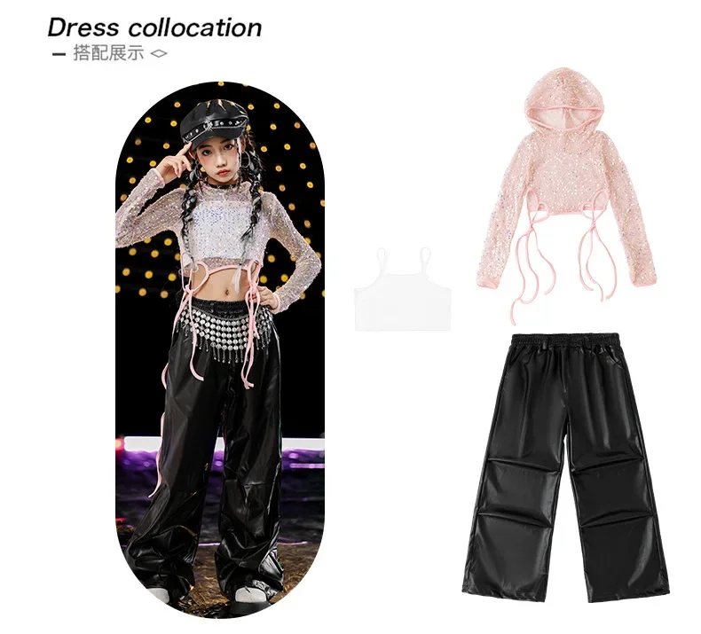 Jazz Hip-Hop Tanzkostüm für Mädchen, Pailletten-Streetdance-Outfit, Kinder-Mädchen-Gruppen-Bühnenauftritts- und Laufsteg-Set – Detail 2