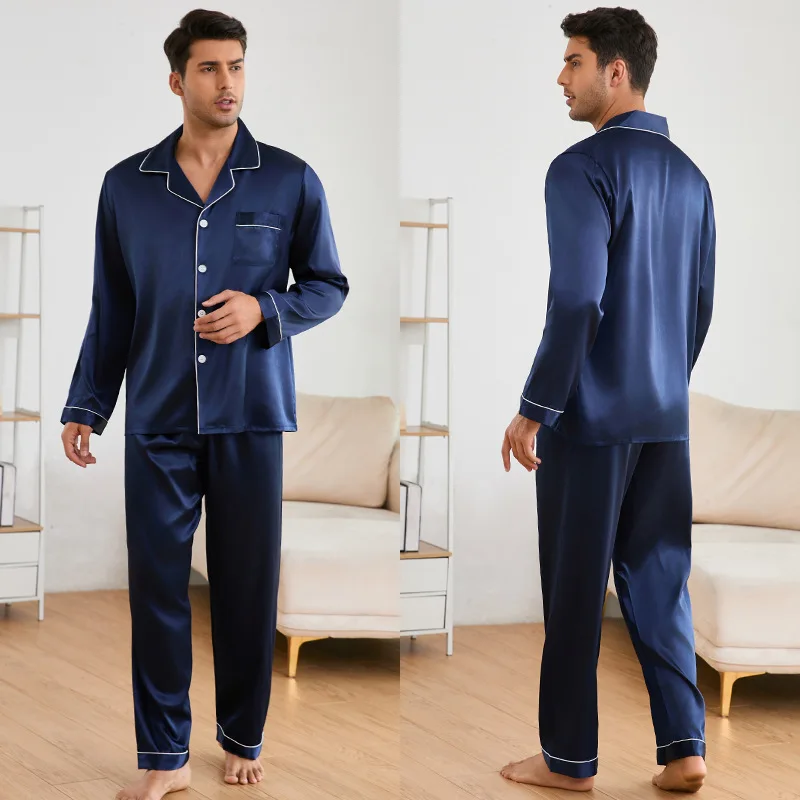 Men's Casual Solid Pajama Pjs Sets & Long Sleeve Flip Collar Pocket Shirt Top & Elastic Waist Loose Pants Sleepwear Home Clothes