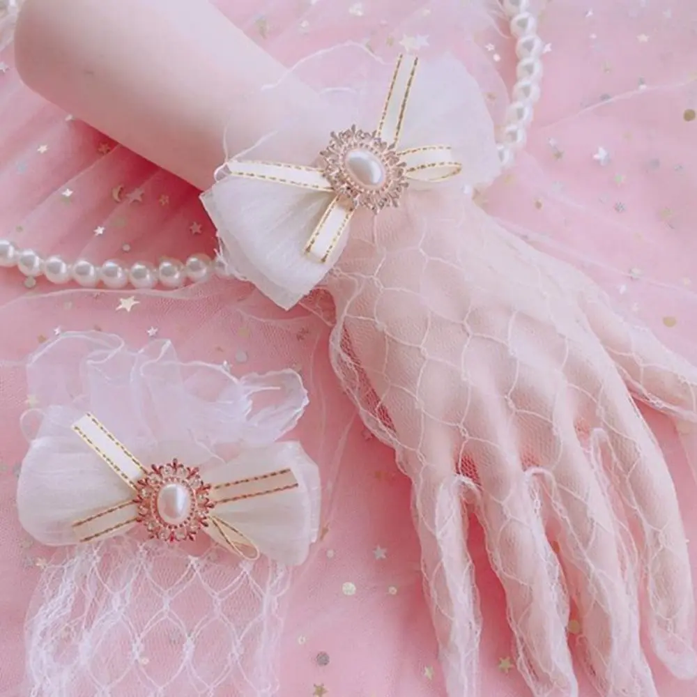 Punk Black White Lace Gloves Soft Elastic Flower Pattern Hollow Out Gloves Bow Ruffle Edge Thin Mittens For Women Girls