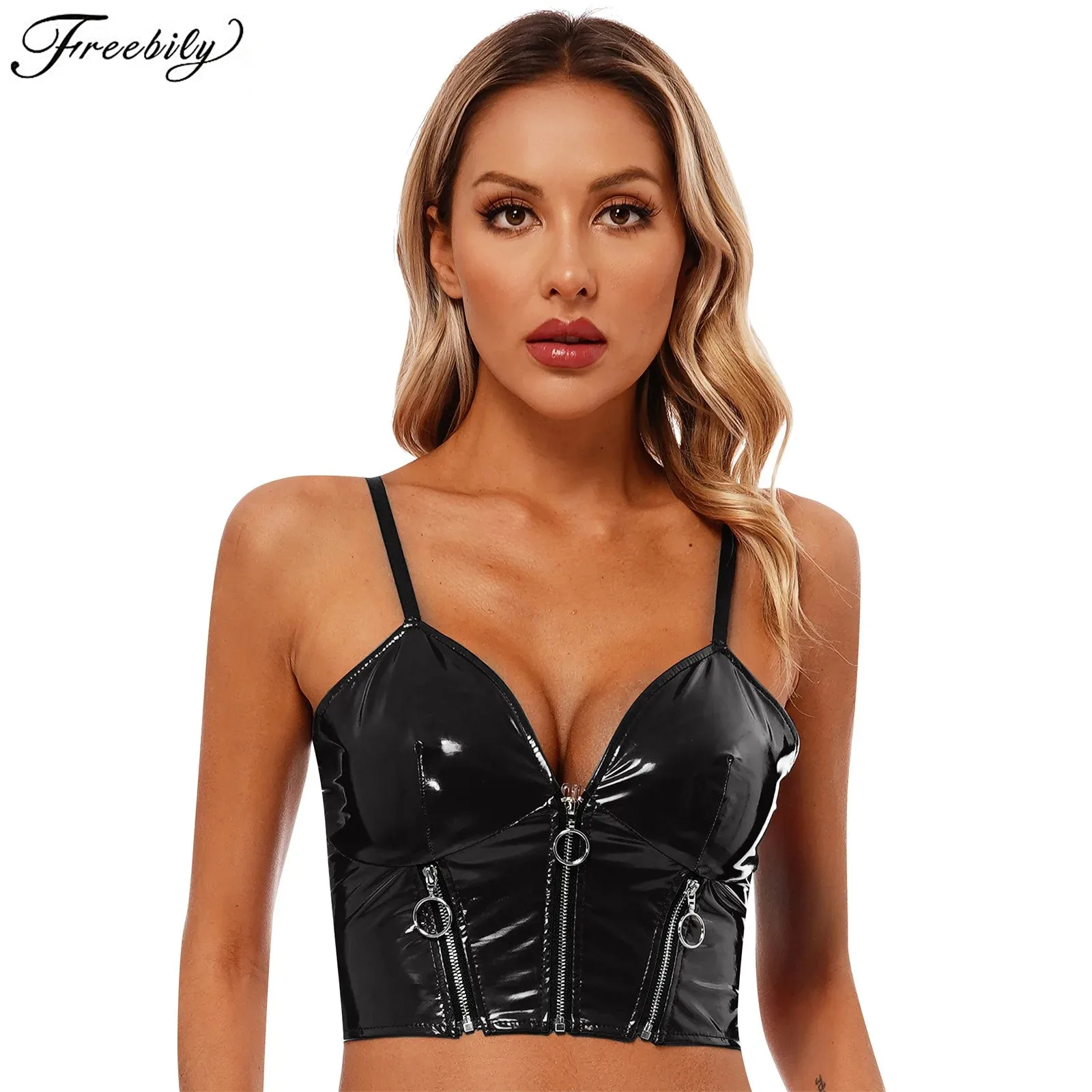 

Womens Glossy Patent Leather Crop Top Deep V Neck Front Zipper Backless Sling Vest Sexy Camisole for Nightclub Party